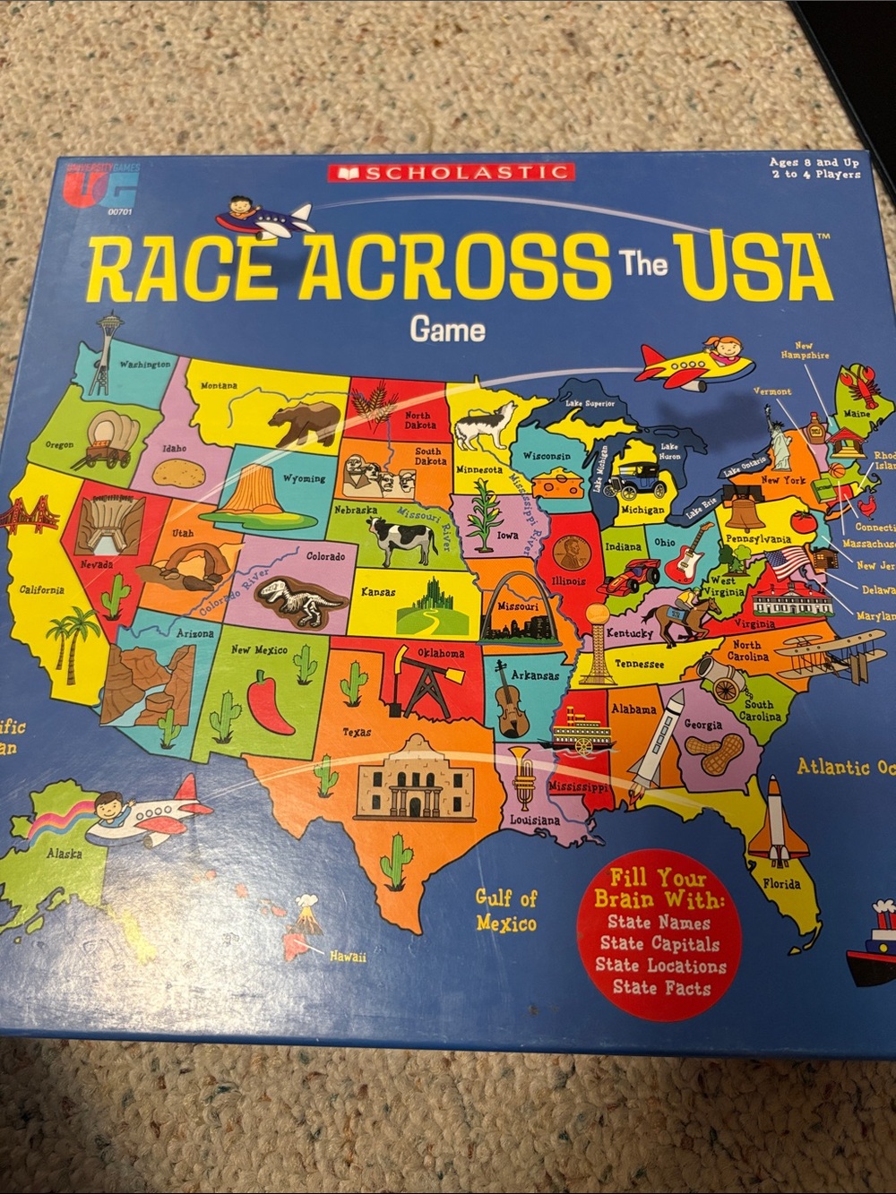 Scholastic Race Across The USA Board Game - Blue Box with Multicolor Map